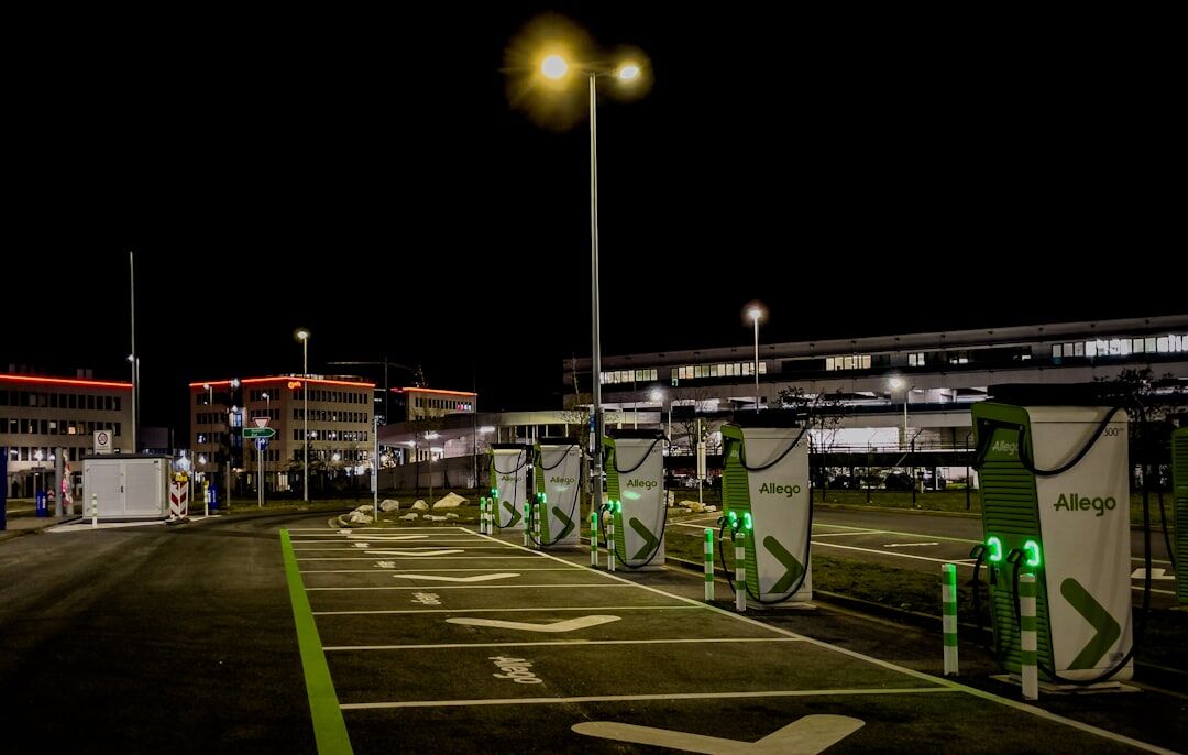 Electric vehicle charging at a modern outdoor charging hub